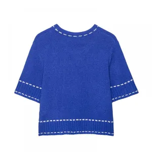 Summer New Versatile Women's Clothing With Contrasting Color Stitching and Round Neck Short Sleeved Knitted Top thumbnail-3