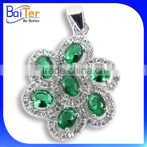 Unique Custom Rhodium Plated CZ 925 Sterling Silver Lab Created Emerald Cross Pendant thumbnail-3
