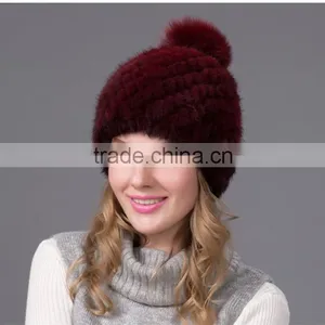 Winter Rabbit Fur Pompom Hat Brown Women Mink Fur Hat Knitted Mink Hat thumbnail-2