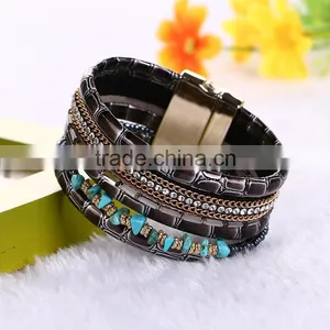 New Fashion Jewelry Woman Magnetic Clasp Leather Crystal Stones Bracelet thumbnail-4