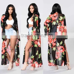 Kimono Duster Cardigan Top Open Front Bell Sleeves Floral Printed Mesh Duster For Women thumbnail-1