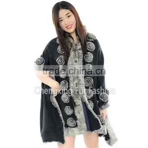 CX-B-P-40E Rostte Ladies Genuine Rex Rabbit Fur Trimmed Pashmina Shawls thumbnail-3