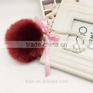Women Fashion Cute Faux Fur Ball Faux Pearl Keychain Handbag Key Ring Car Key Chain Fmq-16 thumbnail-4