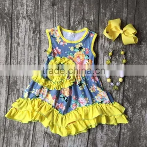 Baby Girls Clothes Kids Wear Summer Coral Yellow Floral Princess Ruffles Dress Cotton Match Accessories Boutique Sleeveless thumbnail-2