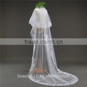 2017 Wholesale Wholesale White Wedding Lace Bridal Veils Fashionable Long Tulle HL09 thumbnail-2