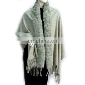 CGSF-0124 Lady Rabbit Fur Shawl 100% Wool Shawl thumbnail-1