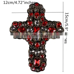 Custom Beading Rhinestones Red Gold Cross Design Sew On Patches thumbnail-4