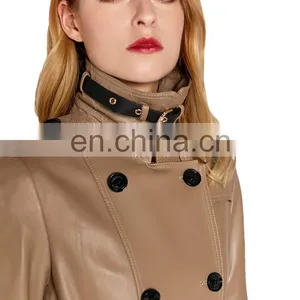 Women Lambskin Leather Double Breasted Long Jacket Coat With Belt thumbnail-5
