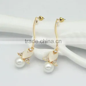 Bridal Wedding Golden Crystal Pearl Flower Drop Dangle Earrings thumbnail-6
