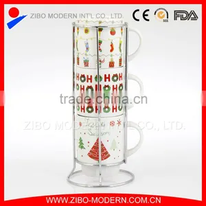 Wholesale Color Glazed Logo Decal Customized Stacking Mugs With Metal Rack thumbnail-1