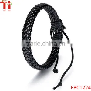 Simple Antique Handmade Genuine Leather Surfer Braided Bangle Bracelet Black thumbnail-1