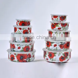 Flower Decal Printing Enamel Storage Food Container Set With Plastic Lids thumbnail-1