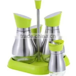 Glass Oil Vinegar Spice Cruet Set With Metal Coating and Stand thumbnail-2