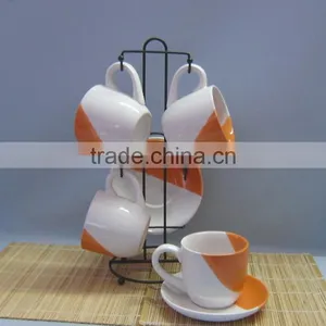 Set of 4 Double Colors Ceramic Custom Mug and Saucer With Rack thumbnail-1