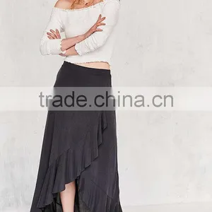 Women Fashion Plain Dyed Spandex Cotton Fashion Summer Ruffle Wrap Long Jersey Maxi Skirt thumbnail-5