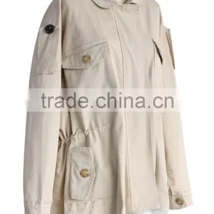 Beige Color Concealed Zip Button Closured Front Women Short Plus Size Coat With Lace thumbnail-5