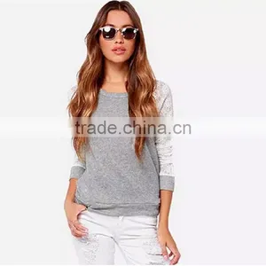 5 Size Choice Women Grey Fashion O Neck Backless Latest Lace Stitching Long Sleeve t Shirt Design thumbnail-2