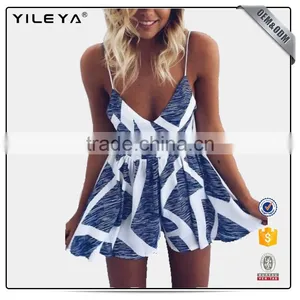 Fashion Design Pinstripe Spaghetti Strap V Neck Jumpsuit Button Front Tie Waist Short Romper thumbnail-1