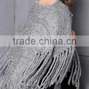 2017 Ladies Stylish Custom Made Tassels Hem Pullover Sweater Poncho With Best Quality thumbnail-4