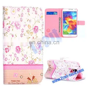 Fragrant Flowers Pattern With Rhinestone Inlaid Cross Texture Magnetic Stand TPU+PU Flip Leather Case for Samsung Galaxy S5 I960 thumbnail-1