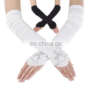 Grace Karin Womens 19" Lace Embellished Pleated Black And White Color Fingerless Gloves Bridal Wedding Gloves CL010471 thumbnail-1