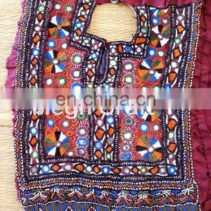 Indian Banjara Mirror Work Beaded Neck Yock Patches- Vintage Mirror Work Dress Piece Patches thumbnail-2