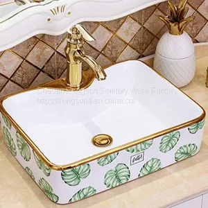 ​creramic Green Color New Design Rectangle Single Hole Art Wash Hand Basin Sink With A Quality thumbnail-1