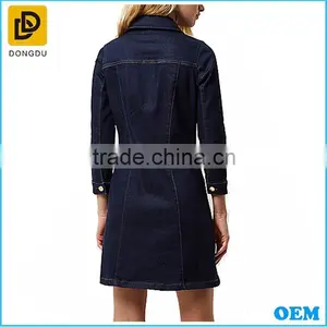 OEM Western Style Lady Long Sleeve Dark Blue Denim Button Up Thick Shift Cotton Winter Dress thumbnail-2