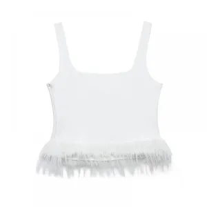 New Style European and American Style Solid Color Feather Trim Stretchy Bodycon Halter Top thumbnail-3