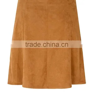 New Women Tan Suedette Button High Waist Skirt thumbnail-2