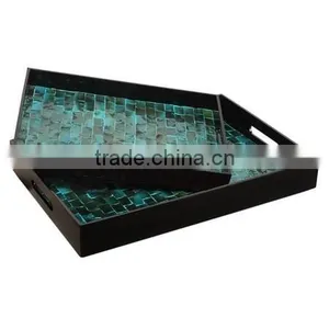 High Quality Best Selling Mother of Pearl Circle Pattern Rectangle Grey Lacquer Tray From Vietnam thumbnail-1