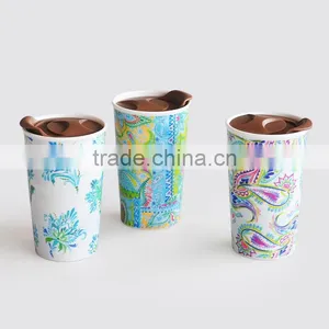 Double Wall Mug With Lid,ceramic Double Wall Travel Mug With Gold Decal,ceramic Travel Mug With Lid and Printing thumbnail-2