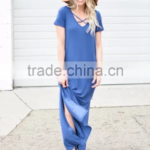 Floor Length Dress Pattern Short Sleeve Crisscross Neck Slit Design Maxi Dress One Piece Long Dress thumbnail-2