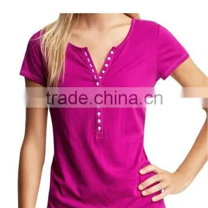LADIES CREW NECK T SHIRT WITH BUTTON PLACKET thumbnail-1