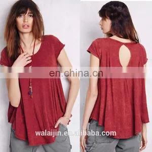 Short Sleeve Cotton Jersey Plain Color Ladie Back Cutout Tops,high Quality Babydoll Shirt thumbnail-1