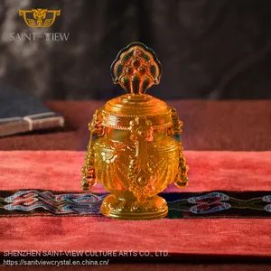 Buddhism Liuli With Brass Lid & Saucer Auspicious Craft Holy Water Cup thumbnail-3