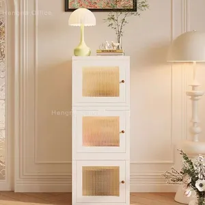 French Retro Fluted Glass Storage Cabinet White Arched Cupboard With Safe Rounded Corners for Living Room thumbnail-2