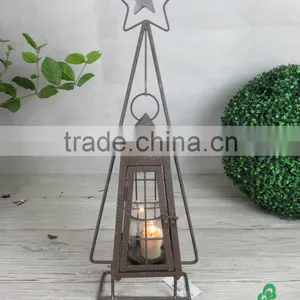 Decorative Xmas Rusty Metal Stand With Lantern and Glass and Wooden Star (81-14351S) thumbnail-1
