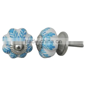 Turquoise Floral Painted Ceramic Floral Shape Knob With Metal Fittings - 38 mm Dia. thumbnail-1