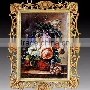 Antique Wood Carved Framed Mural, Oil Painting Ceramic Flower Framed Mural thumbnail-2