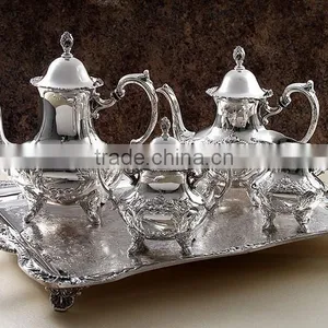 Ethnic Indian Sterling Silver Plated Coffee & Tea Set With Serving Tray thumbnail-1