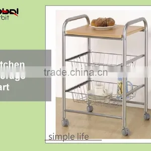 Kitchen Stainless Steel Serving Cart Food Wooden 3 Tier Shelf Rolling Wheels thumbnail-2