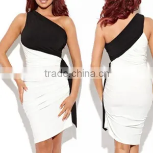 Color Mosaic Shoulder Collar Asymmetric Pleated Sleeveless Slim Package Hip Dress Sub thumbnail-4