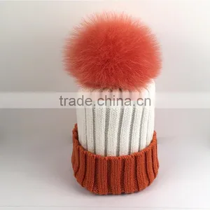 Myfur Ribbed Knitted Hat Adult Size Beanie With Fox Body Fur Pom Poms thumbnail-1