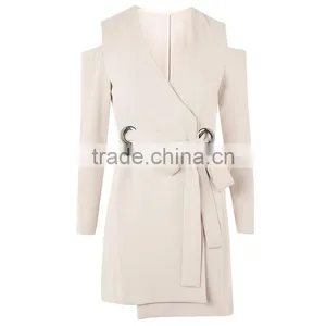 Belted Cold Shoulder Long Sleeve Coat Style Blazer Dress for Women thumbnail-6