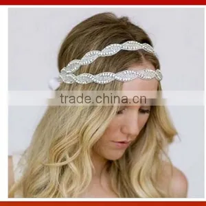 Bride Gold Crystal Beads Hair Band Elastic Headband Headmade Crystal Glass Beads Hair Band Girl Bridal Pearls Beads thumbnail-1