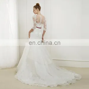 EBX-129 Round Neckline 3/4 Sleeve Red Belt Sash Two Layer Lace Skirt Princess Bridal Wedding Dress thumbnail-2
