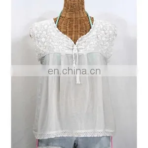 Handmade 100% Cotton White Floral Embroidered Mexican Stylish Women's Party Wear Kaftan thumbnail-1