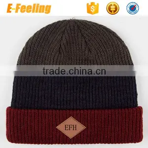 Knitted Beanie Hat/Leather Patch Beanie Hat thumbnail-3