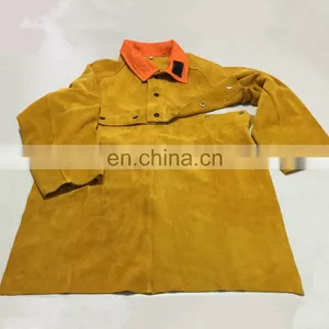 Yellow Split Cow Leather Welding Cape Sleeves With Detachable Leather Bib Welding Apron thumbnail-1